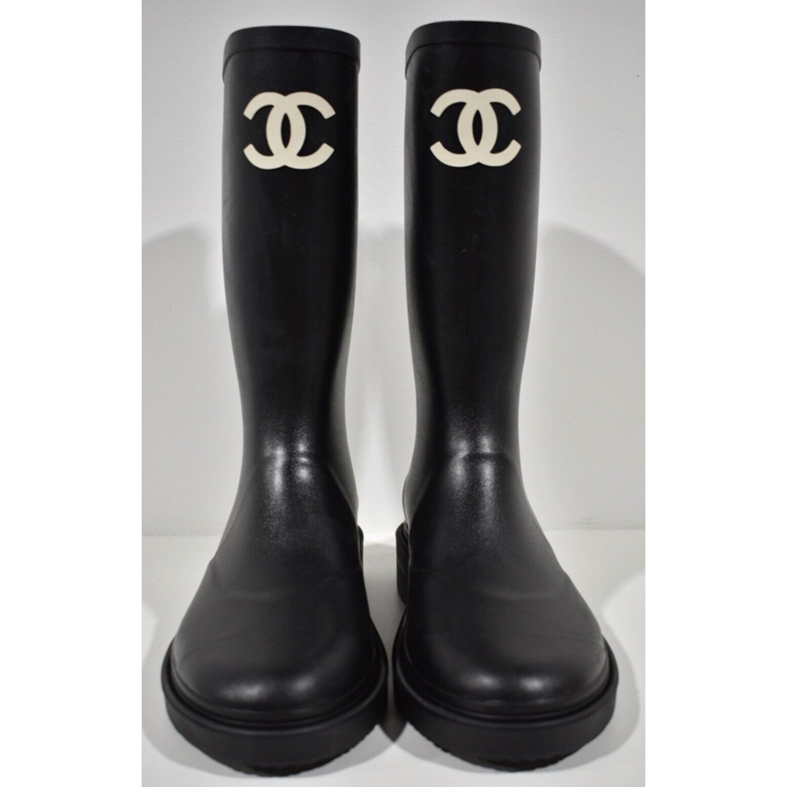 Chanel REV Black White CC Logo High Rubber Rain Boots 35