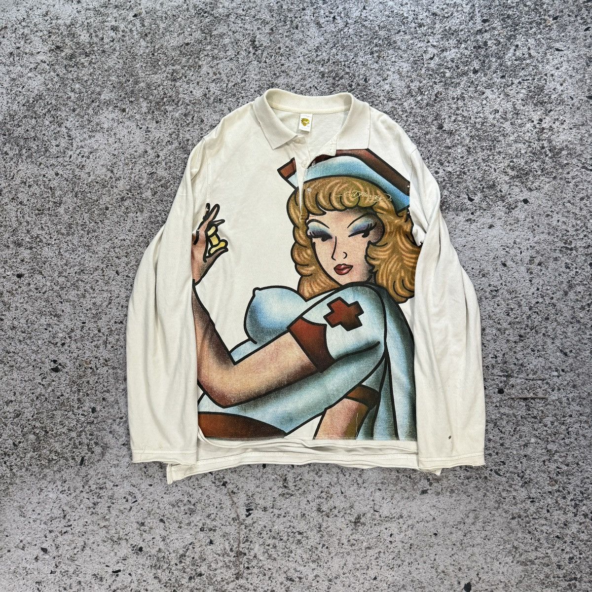Ed Hardy Y2K Ed Hardy Thrashed Distressed Nurse Shirt ERD Grunge Size US L / EU 52-54 / 3 - 1 Thumbnail