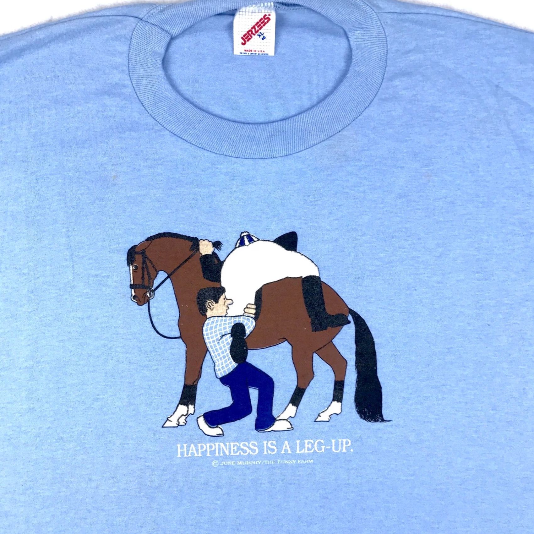 Jerzees NOS vtg 80s HAPPINESS IS A LEG UP HORSE JOCKEY CARTOON T-Shirt L blue Nike Shirt Ladies Mens Womens Boys Girls Size US L / EU 52-54 / 3 - 2 Thumbnail