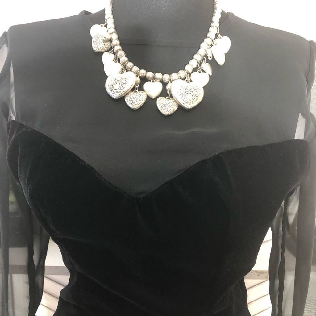 Vintage 90s black velvet sheer sleeves cocktail dress nude style XS Size XS / US 0-2 / IT 36-38 - 9 Thumbnail