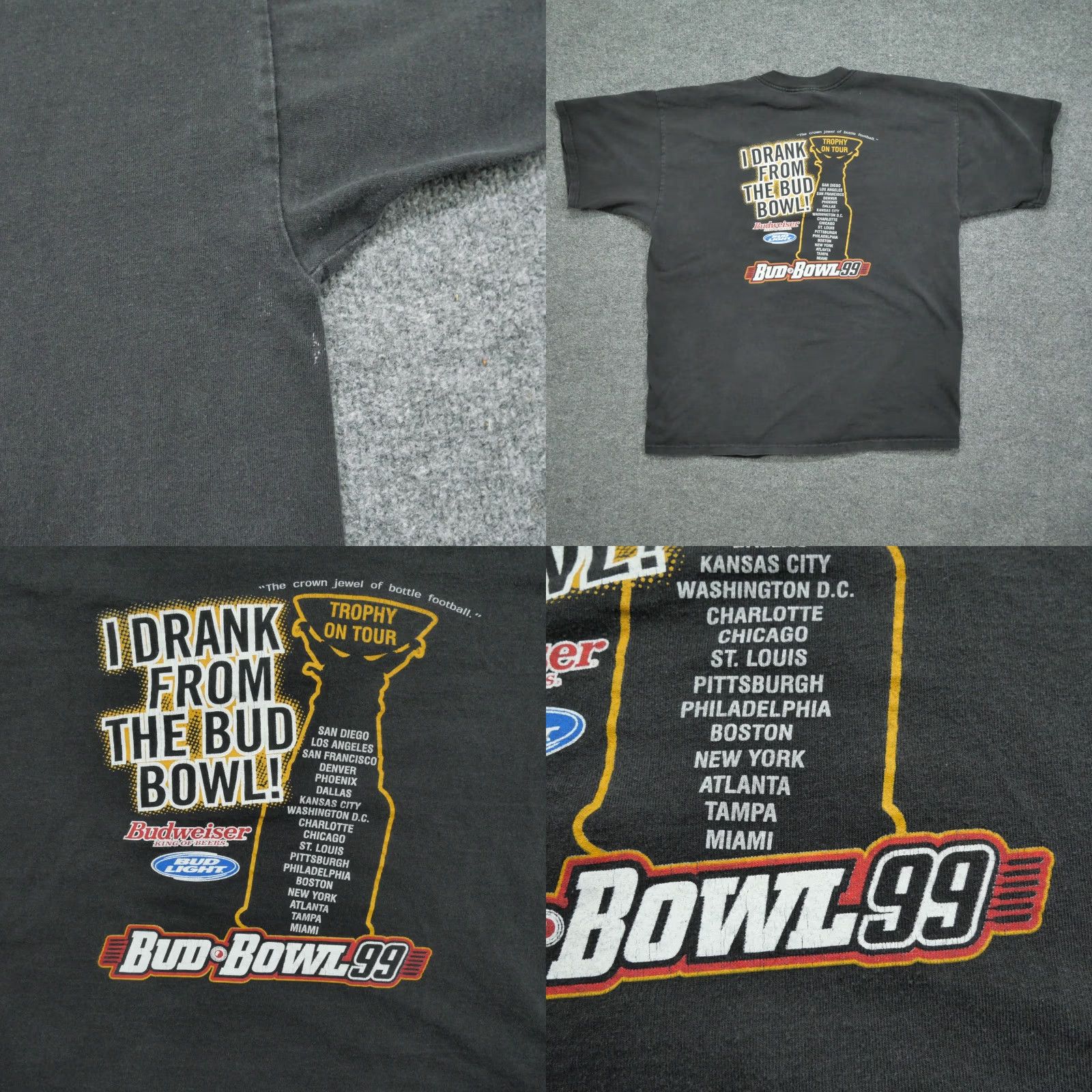 Budweiser VINTAGE Budweiser T Shirt Adult XL Black Bud Bowl 1999 Football Distressed 90s Mens Shirts Size US XL / EU 56 / 4 - 8 Thumbnail