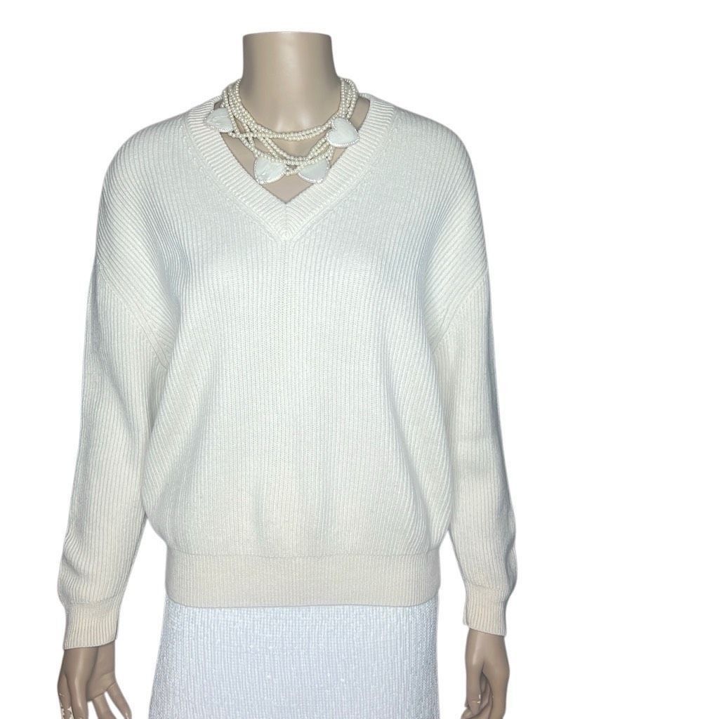 Zara Zara White Wool V-neck Ribbed Sweater Size S / US 4 / IT 40 - 1 Thumbnail