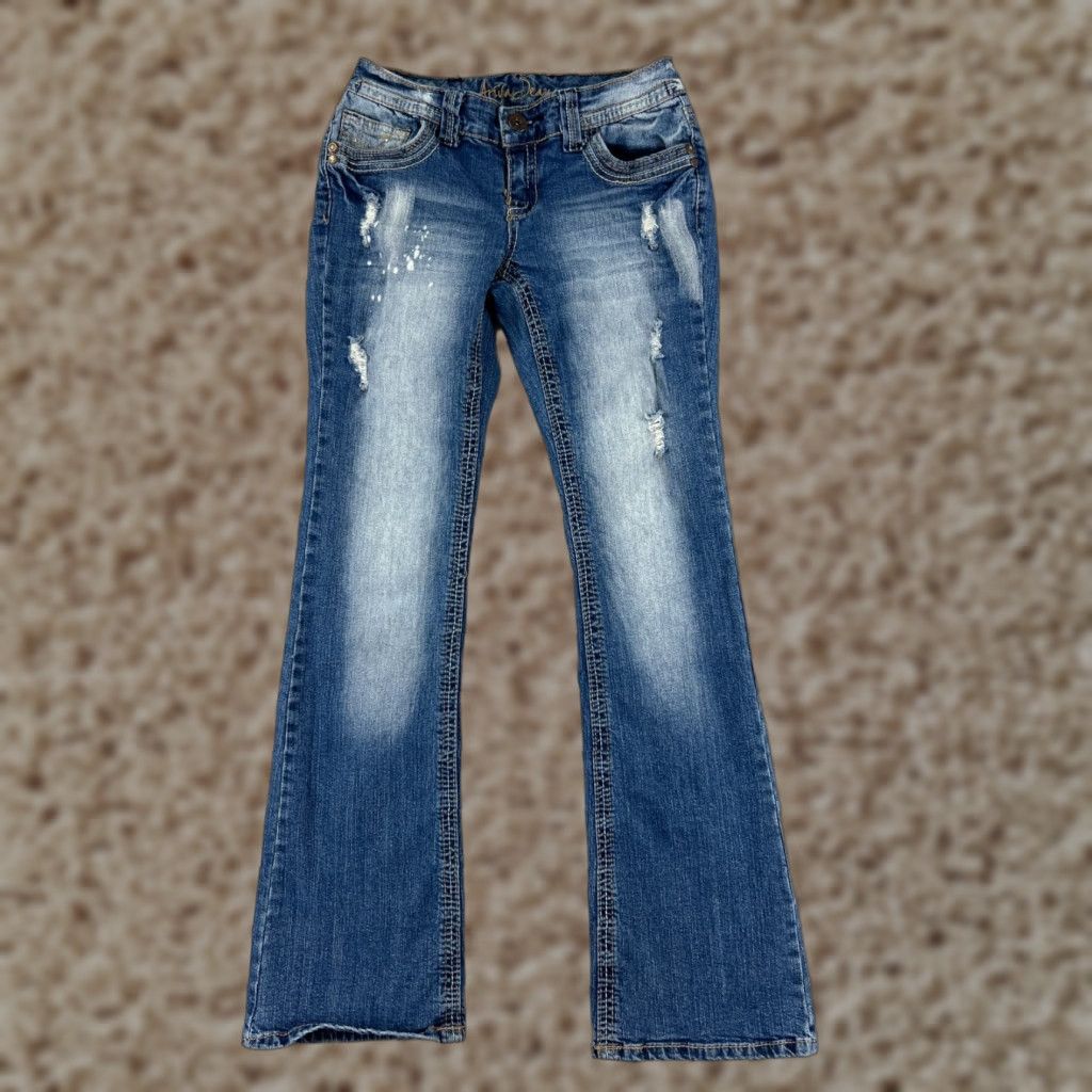 Vintage Ariya Jeans Blue Denim Distressed Flared Embroidered 5 Pocket Cotton Blend Womens Jeans Size 27" / US 4 / IT 40 - 1 Thumbnail