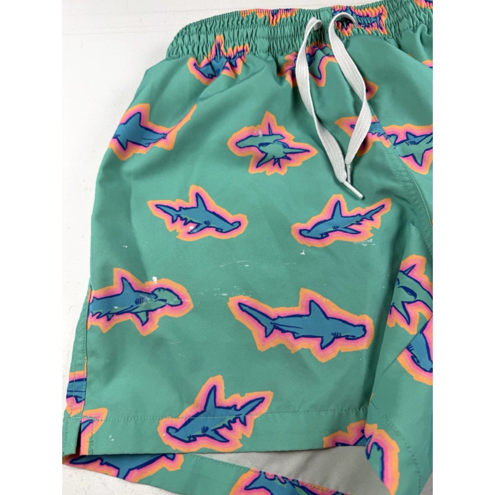 Chubbies Chubbies Swim Trunk Mens M The Apex Teal Hammerhead Sharks Beach Vacation Summer Quick Dry Pockets Drawstring Elastic Waist Lined Scrubbed Stains Size US 31 - 3 Thumbnail