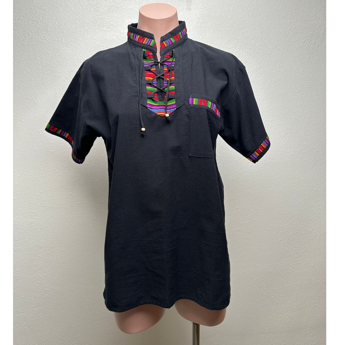 Other Black Boho Tunic Blouse Woven Trim Lace-Up V-Neck Women’s S Size S / US 4 / IT 40 - 1 Thumbnail