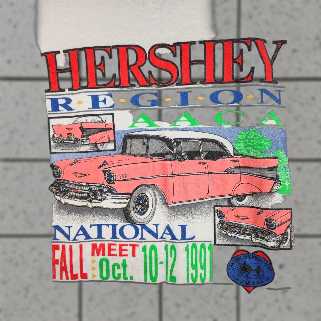 VINTAGE Hershey Region AACA Shirt Mens Large 90s Car Show Graphic Single Stitch White Crew Neck T-Shirt Men’s Large 1991 AACA Classic Car