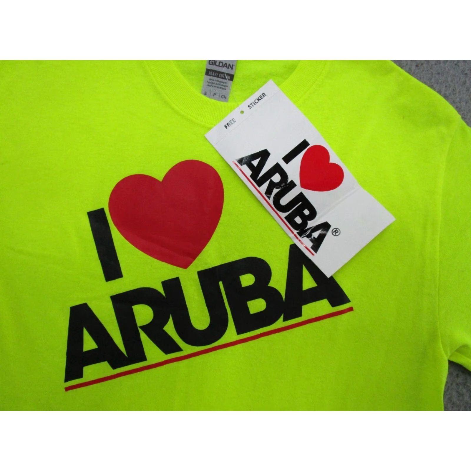 Gildan VINTAGE I Love Aruba Spell Out Lime Green T-Shirt W/Sticker Adult Size S Tourist NEW Size US S / EU 44-46 / 1 - 2 Thumbnail