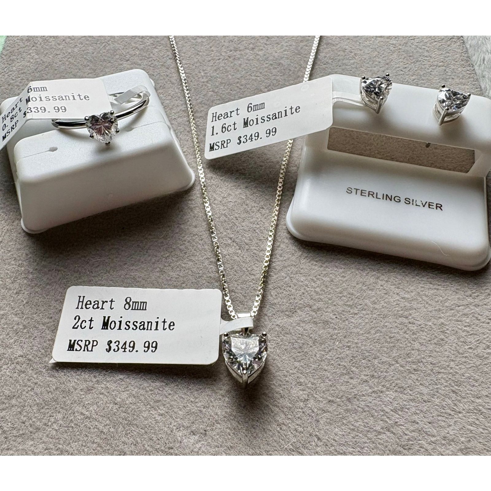 Jewelry Moissanite Heart 3PC Set: Ring, Necklace & Earrings - Silver Size ONE SIZE - 11 Thumbnail