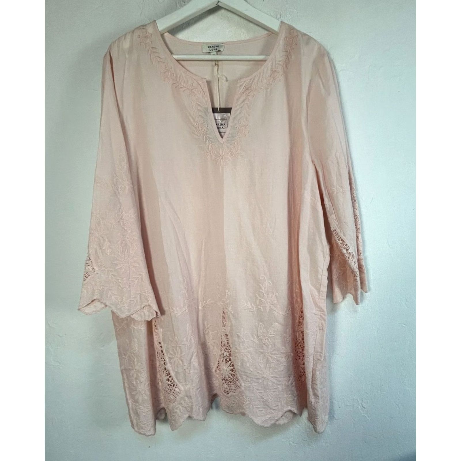 Vintage Marina Luna Womens Split Neck Embroidered Tunic Top 1X Cotton Pink Lace Trim New Size XL / US 12-14 / IT 48-50 - 2 Thumbnail