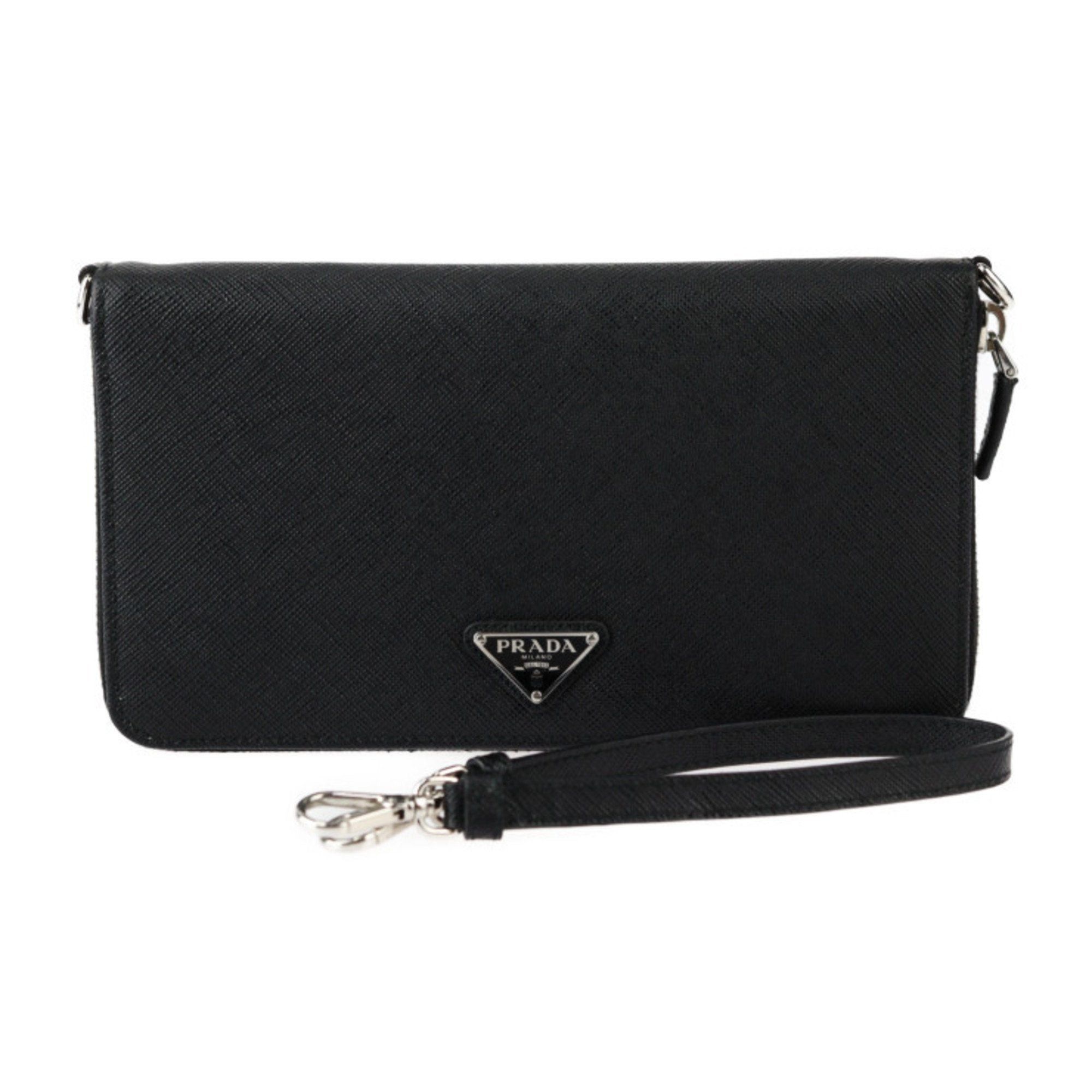 image of Prada Saffiano Triang Long Wallet 2Ml051 Saffiano Leather Black Wristlet Round Organizer Bi-Fold, W