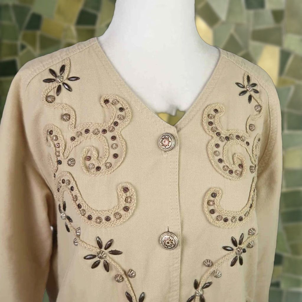 Vintage Vintage 90s tan floral beaded lightweight jacket 14 Size XL / US 12-14 / IT 48-50 - 1 Thumbnail