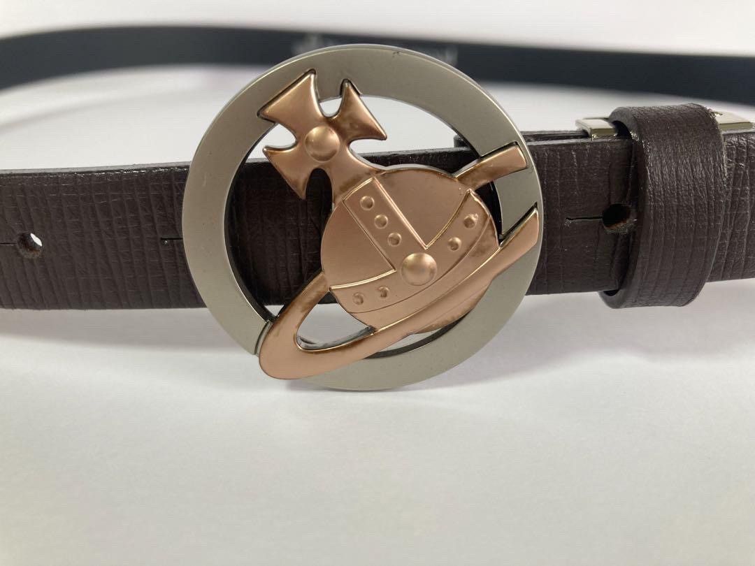image of Vivienne Westwood Metal Enameled Buckle Big Logo Decorated Leather Belt in Brown, Men's