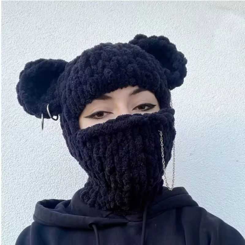 Japanese Brand Handmade Full Face Bear Ears Crochet Knitted Balaclava Hat Size ONE SIZE - 1 Thumbnail