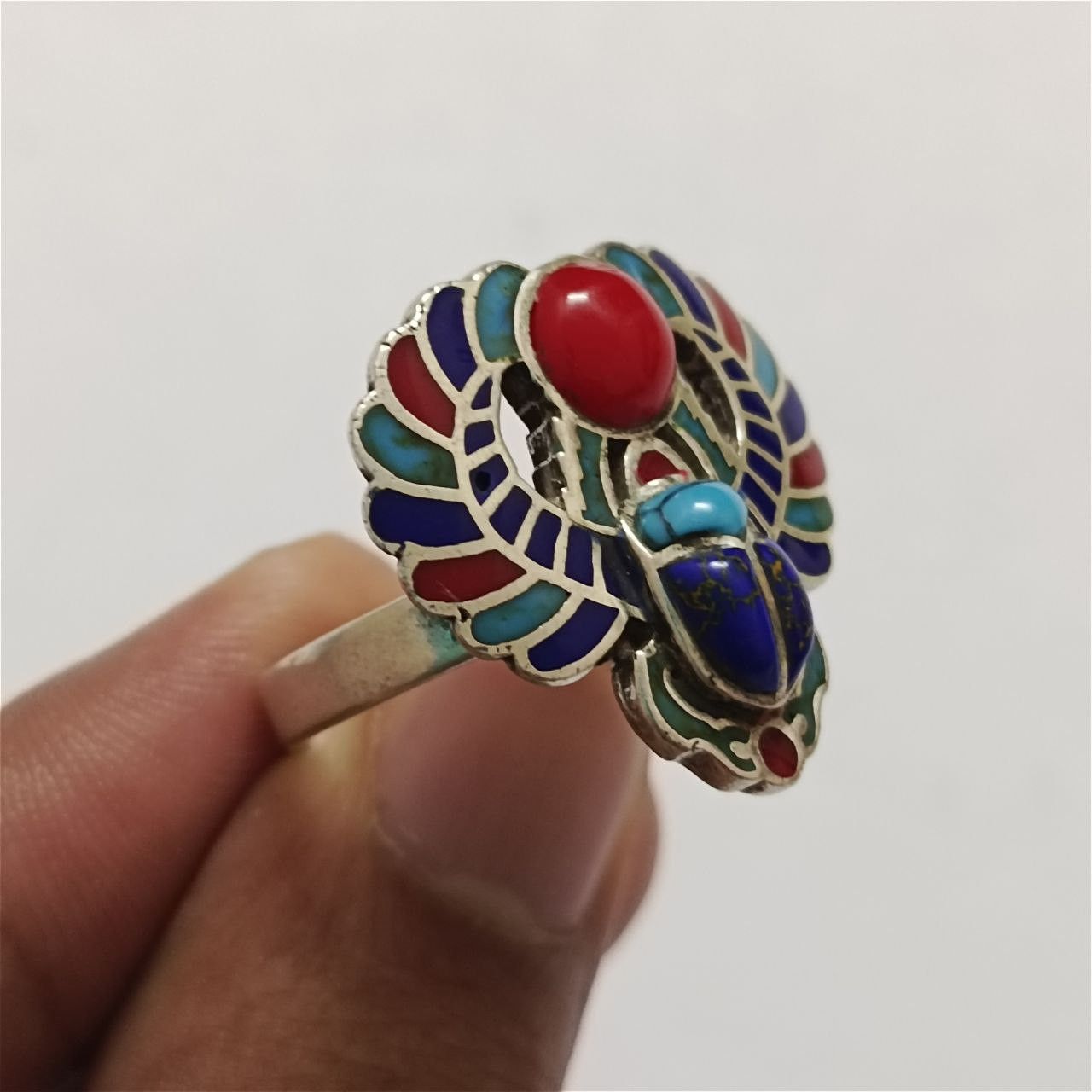 Sterling Silver 925 silver adjustable ring with scarab, turquoise, coral Size ONE SIZE - 7 Thumbnail