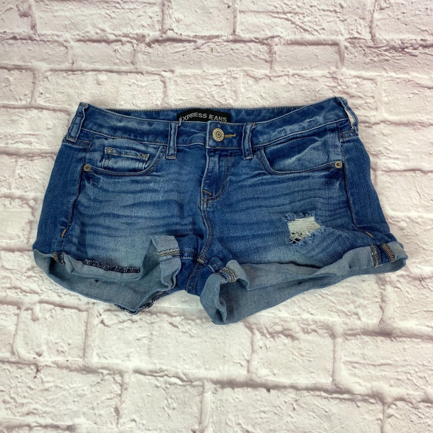 Express Express Womens Shorts Size 2 Blue Denim Distressed Stretch Cuffed Size 26" / US 2 / IT 38 - 2 Thumbnail