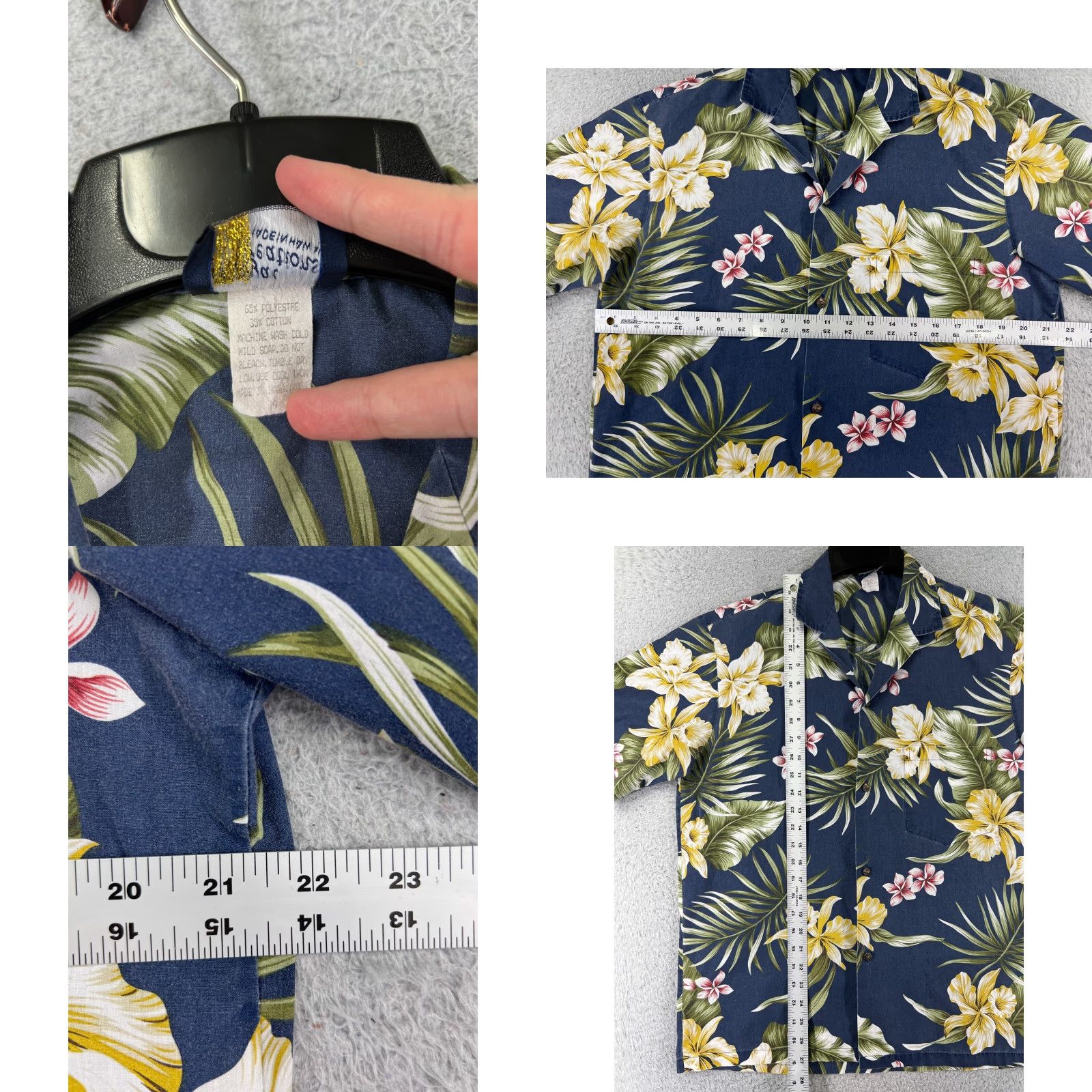 Vintage VINTAGE Royal Creations Hawaiian Shirt Mens Button-Up Dark Blue Floral Palm Plumeria Poly Blend M Short Sleeve Collared Casual Beach Aloha 70s 80s Size US M / EU 48-50 / 2 - 8 Thumbnail