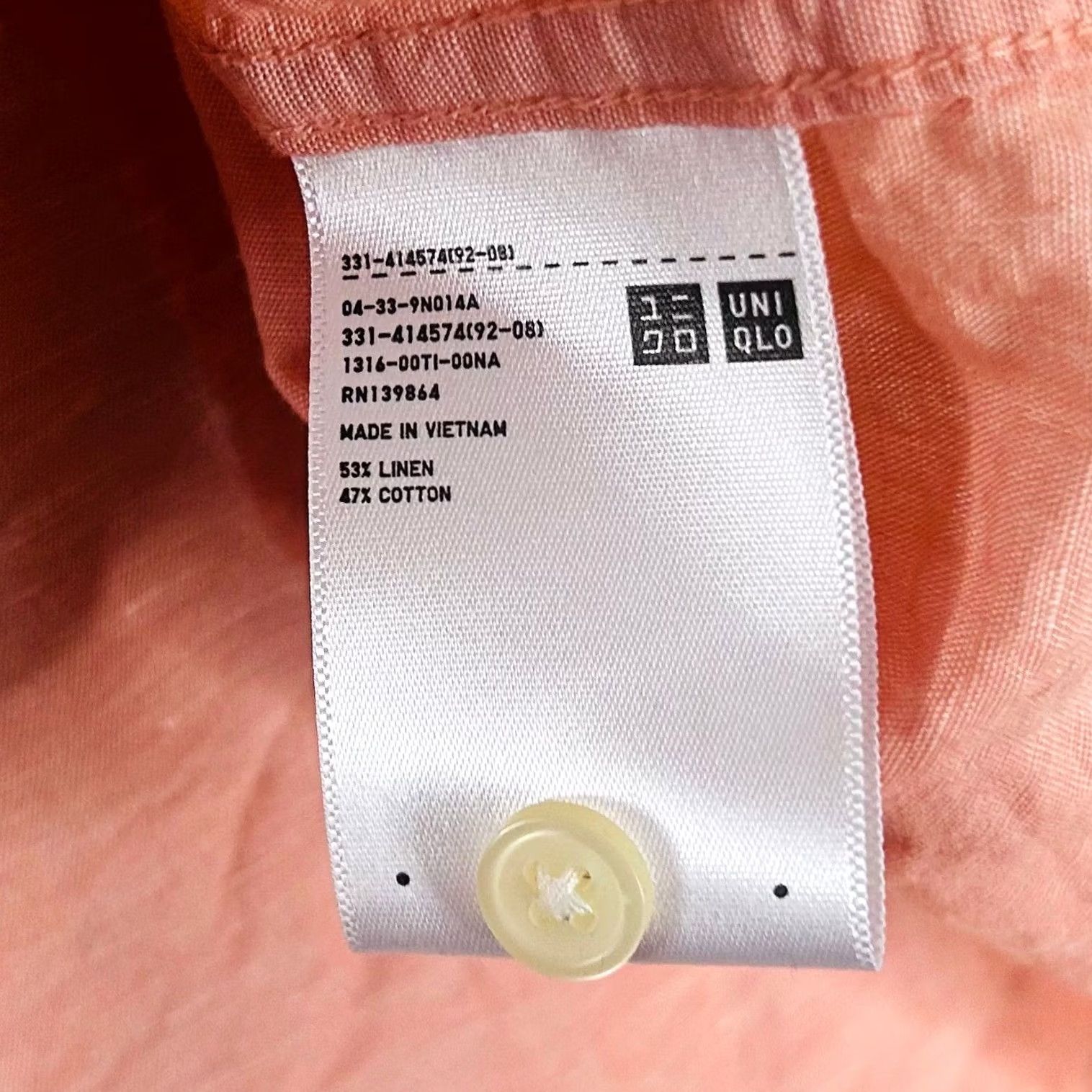 Uniqlo Uniqlo Mens Small Regular Fit Peach Solid Linen Cotton Blend Button Front Shirt Size US S / EU 44-46 / 1 - 4 Thumbnail