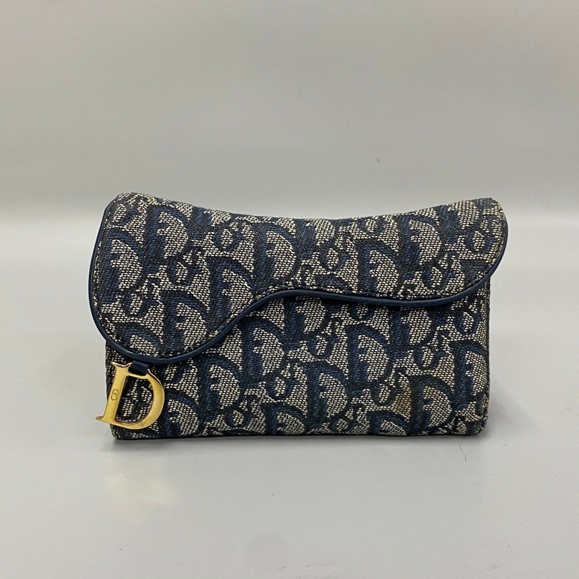 image of Christian Dior Trotter Canvas Leather Genuine Bifold Wallet Folding Mini Navy 32358 in Gold, Women'