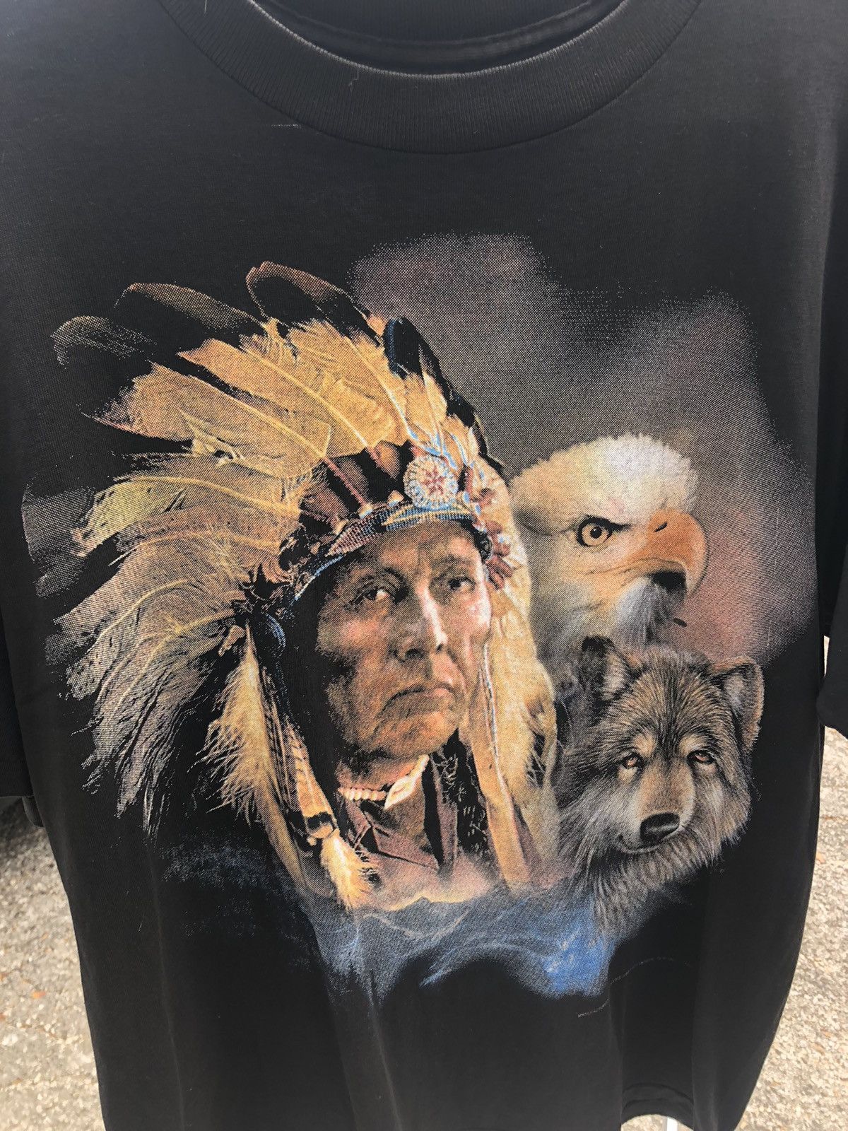 image of Vintage 1993 3D Emblem Native American Eagle Wolf Portrait in Black, Men's (Size Large)