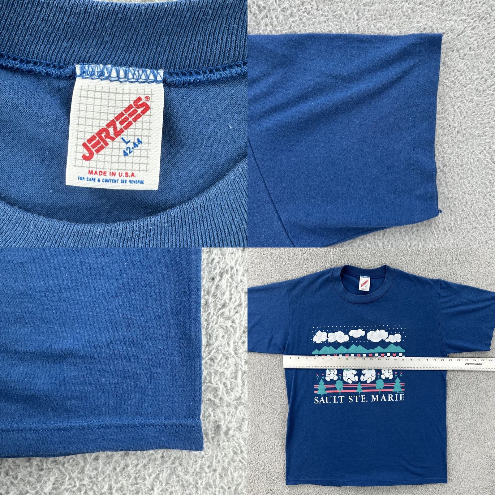 Jerzees VINTAGE Jerzees Shirt Mens L Blue Single Stitch Crew Neck Short Sleeve Made In USA 1988 USA Sault Ste. Marie Mens Size US L / EU 52-54 / 3 - 8 Thumbnail