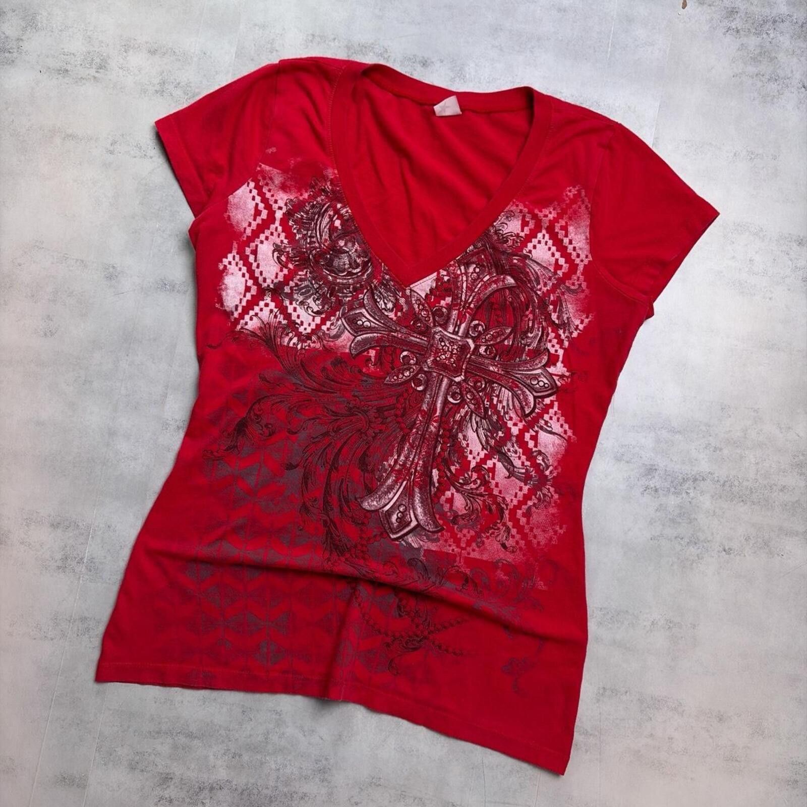 Other Y2K Red Cross Grunge Gothic V-Neck Skater T-Shirt Size L / US 10 / IT 46 - 2 Thumbnail