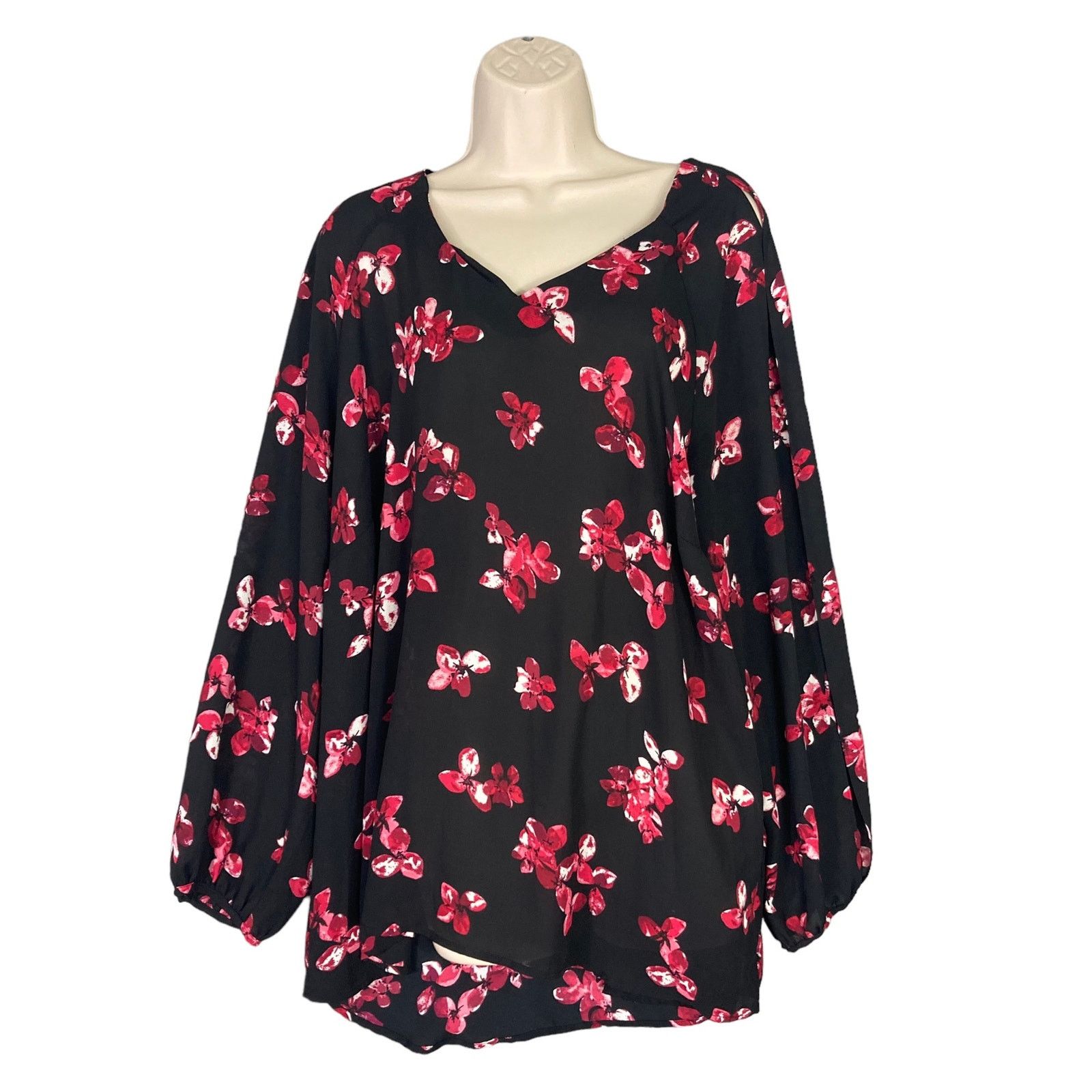 Other Roz & Ali Floral V-Neck Blouse Black Long Sleeve Women's 2XL Size XXL / US 16-18 / IT 52-54 - 1 Thumbnail