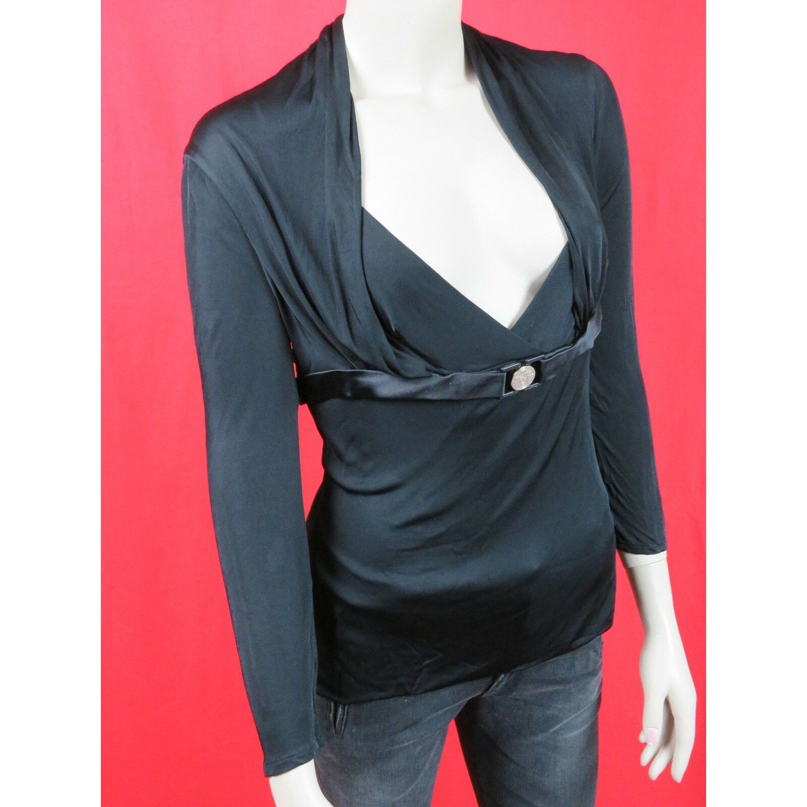 Versace VERSACE BLACK SILK BELTED MEDALLION LOGO DRESS TOP 46 ITALY Size L / US 10 / IT 46 - 8 Thumbnail