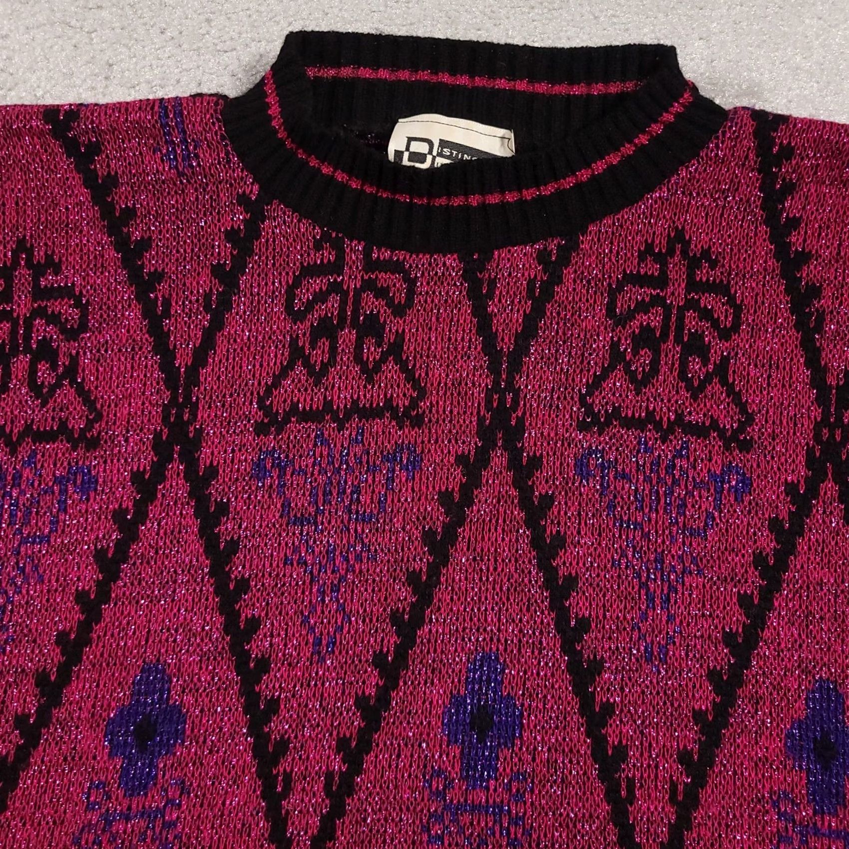 Vintage VINTAGE Distinctly Different Sweater Womens 22W Pink 80s Acrylic Pullover Geometric Glitter Crew Neck Size 3XL / US 20-22 - 4 Thumbnail