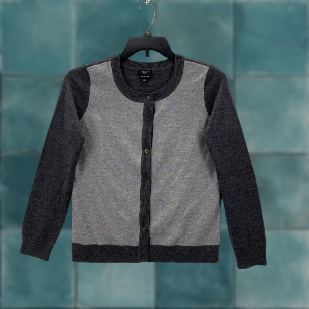 Talbots Talbots Cardigan Sweater Womens Medium Petite Gray Colorblock Merino Wool Button Size M / US 6-8 / IT 42-44 - 1 Thumbnail