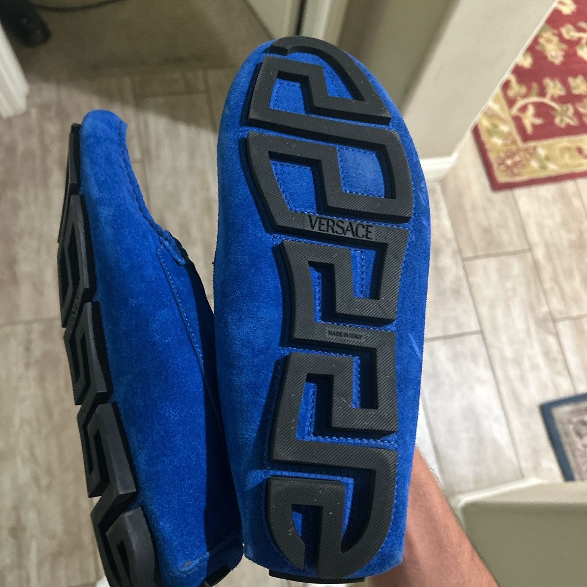 Versace Blue Versace suede loafers with gold accents Size US 12 / EU 45 - 3 Thumbnail