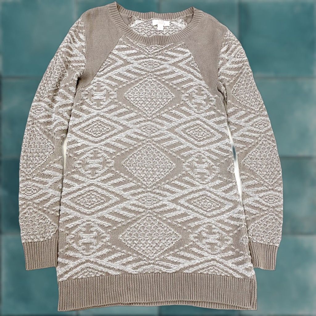 Vintage Sun & Shadow Sweater Womens Medium Tan White Knit Beige Pullover Tunic Size M / US 6-8 / IT 42-44 - 1 Thumbnail