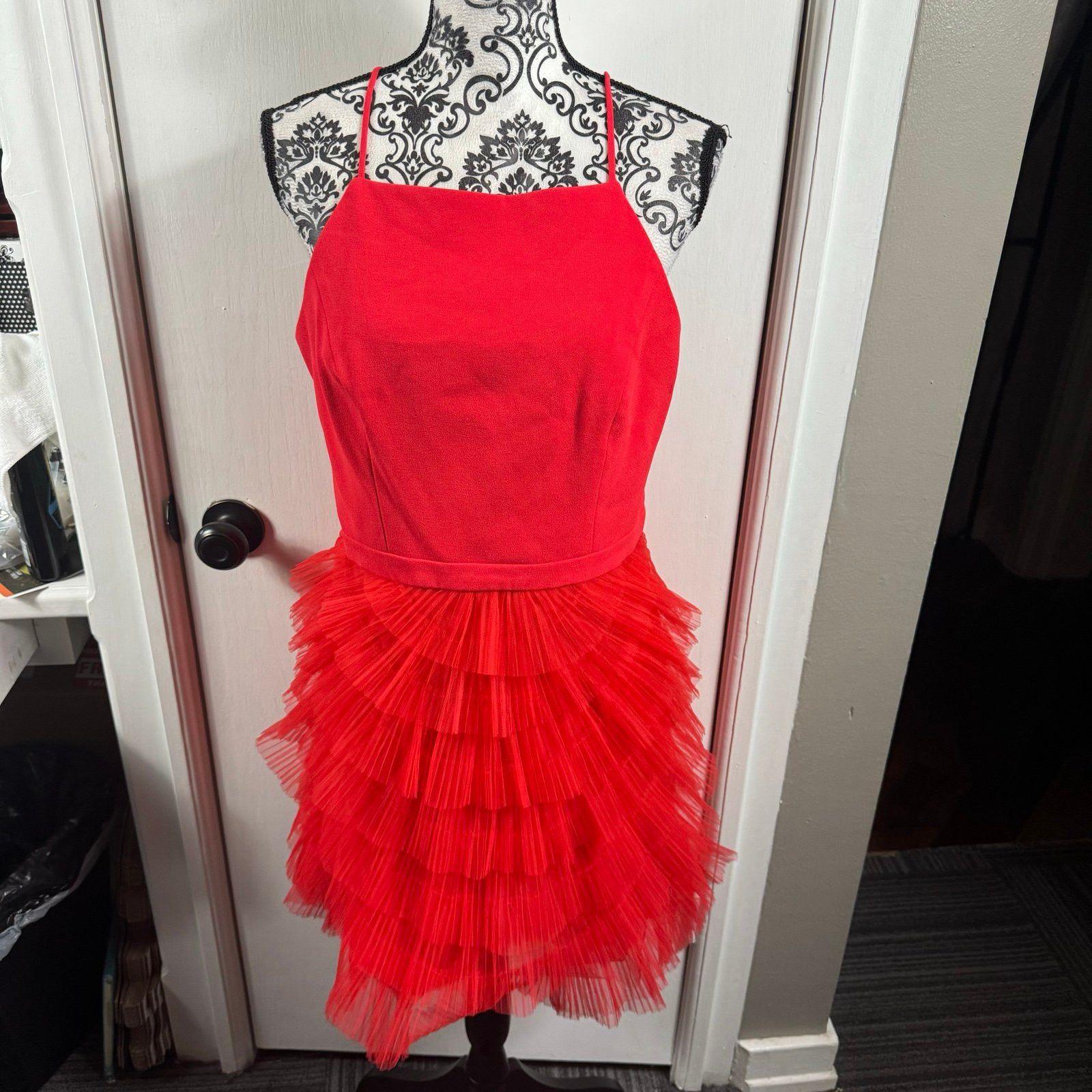 Bcbgmaxazria BCBMAXAZRIA Women's Red Tulle Mini Cassandra Party Dress Size L / US 10 / IT 46 - 4 Thumbnail
