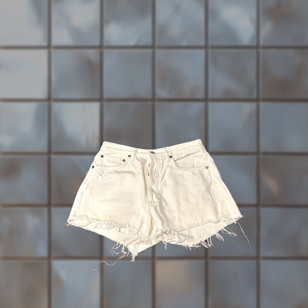 Agolde AGOLDE Parker Cream Distressed Shorts 27 Denim 100% Cotton Women Ivory Cut-Off Jeans Parker 27 Womens Distressed Short Shorts 27 Size 27" / US 4 / IT 40 - 1 Thumbnail