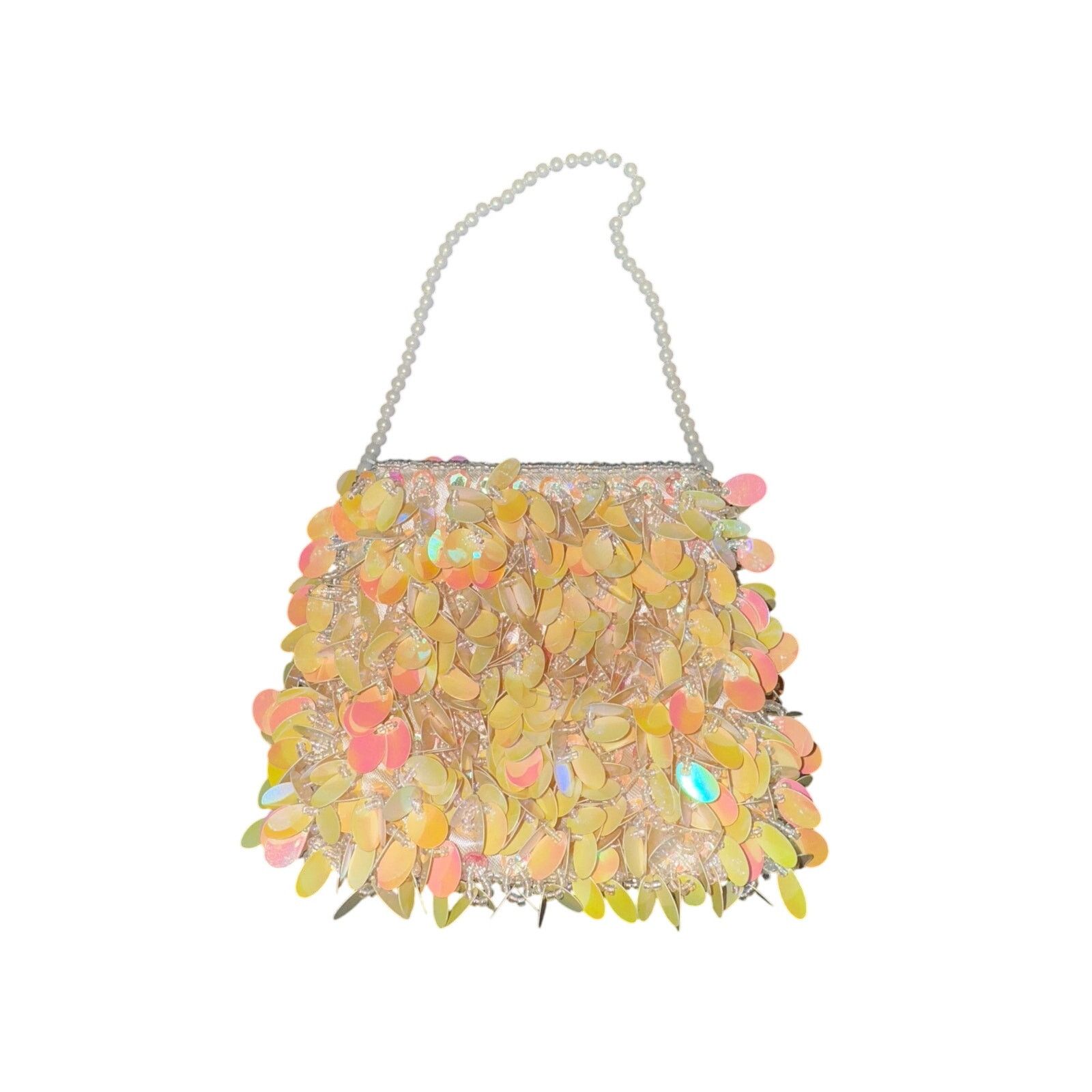 Vintage Clutch Purse / Peach Sequins / Beaded Zip Closure in Pink, Women's
