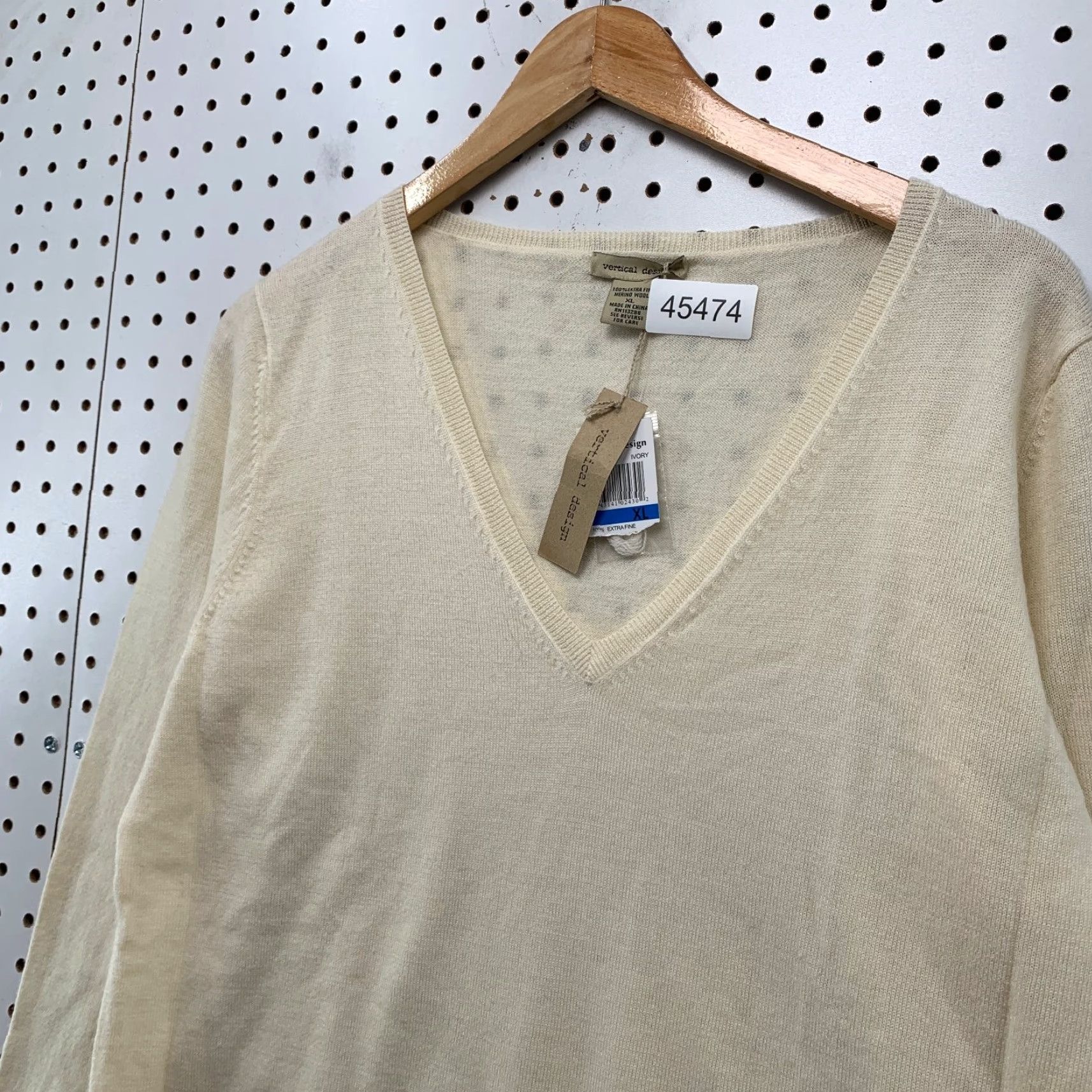 Vintage Vertical Design Sweater Womens XL Ivory Pockets 100% Merino V Neck Size XL / US 12-14 / IT 48-50 - 7 Thumbnail