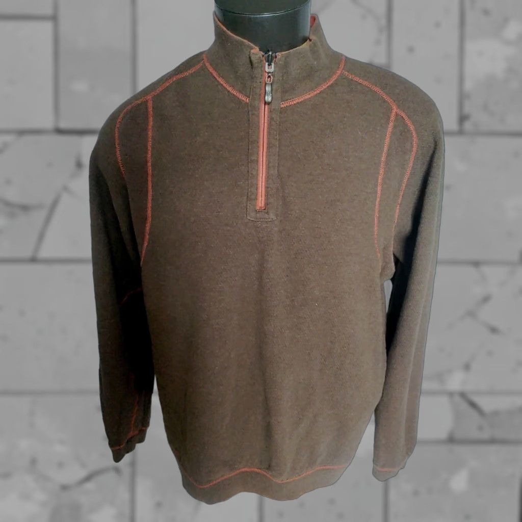 TOMMY BAHAMA Men's Orange & Brown Cotton Reversible 1/4 Zip Mock Neck Sweater L-XL