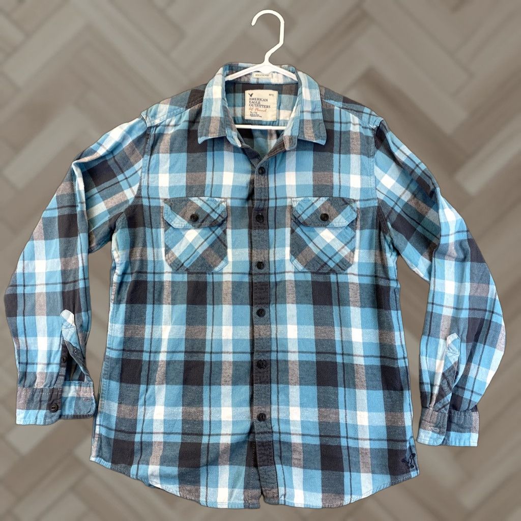 American Eagle Outfitters AMERICAN EAGLE Blue Plaid Long Slim Fit CAUSAL DRESS SHIRT sz XL / 49-17 Size 46R - 1 Thumbnail
