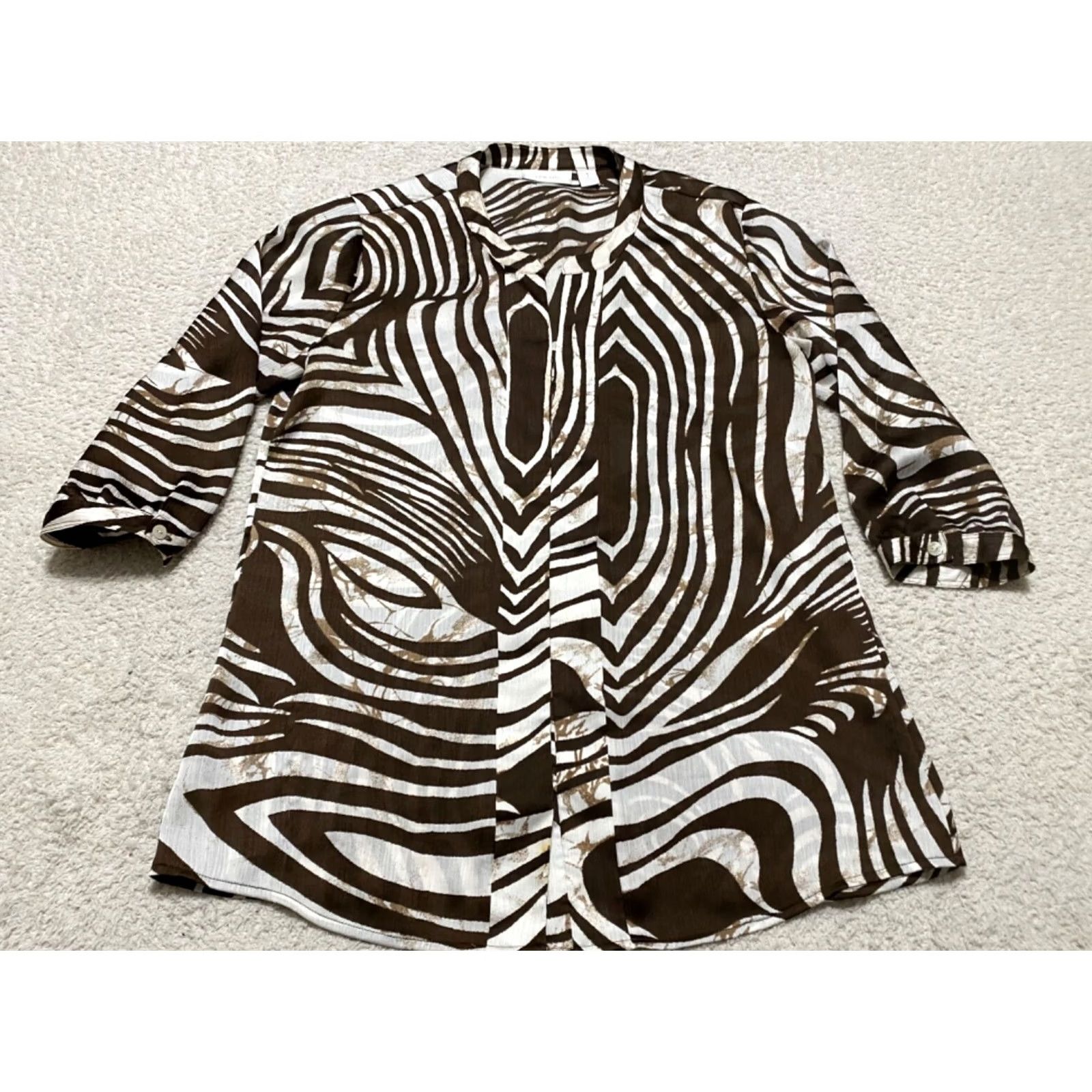 Vintage Chico's Womens Medium Shirt Brown Geometric Button-Front 3/4 Sleeve Sheer Size M / US 6-8 / IT 42-44 - 3 Thumbnail