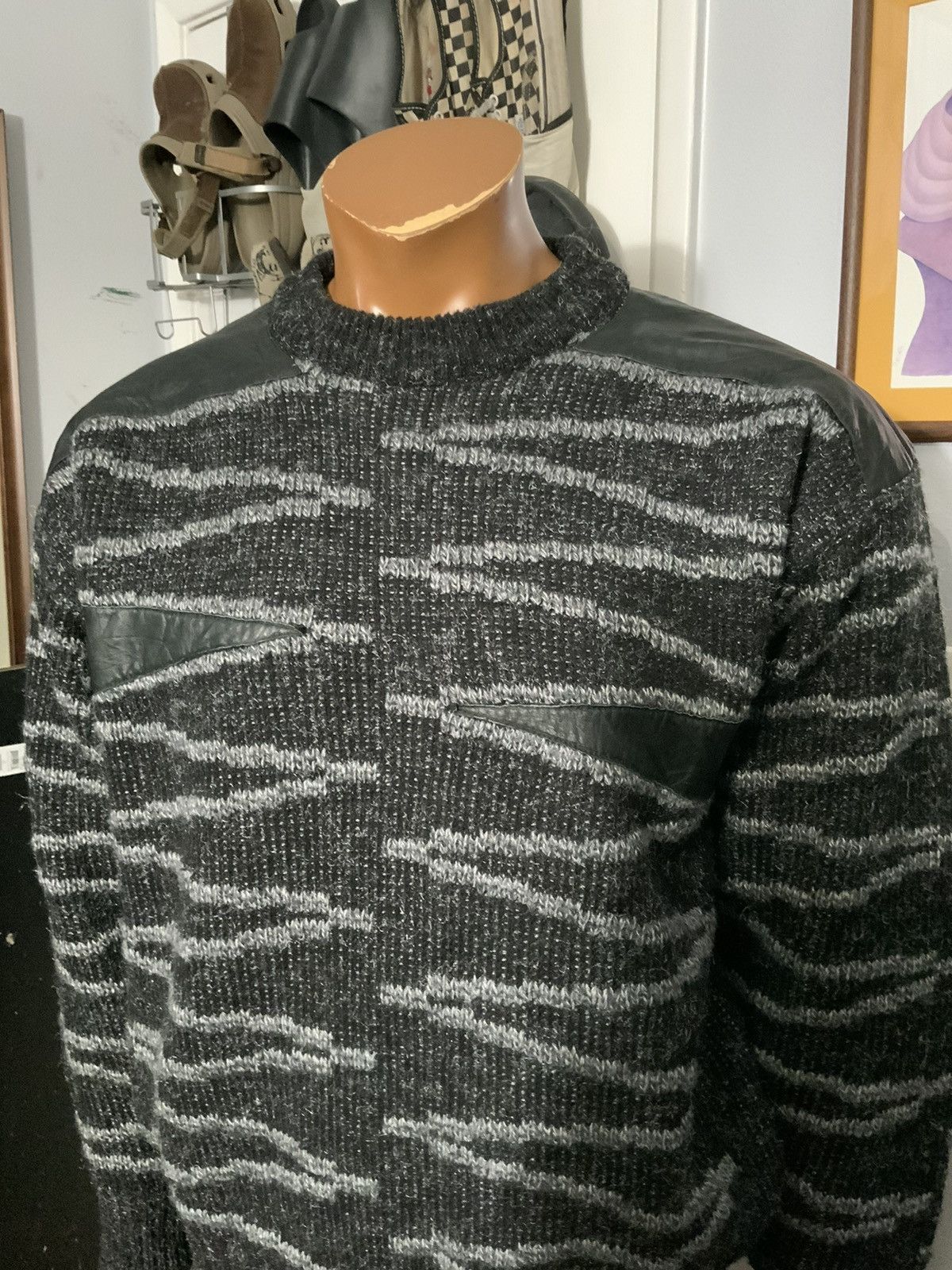 Vintage 80s Mark Elliot Wool Leather Trim Knit Crewneck Sweater Size US M / EU 48-50 / 2 - 9 Thumbnail