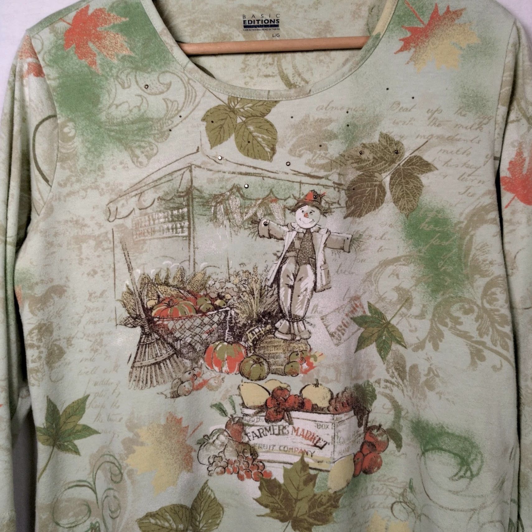 Basic Editions VINTAGE Basic Editions Shirt Women L Green Scarecrow Autumn Leaf Pumpkin Casual 3/4 Sleeve Farm Harvest Size L / US 10 / IT 46 - 4 Thumbnail