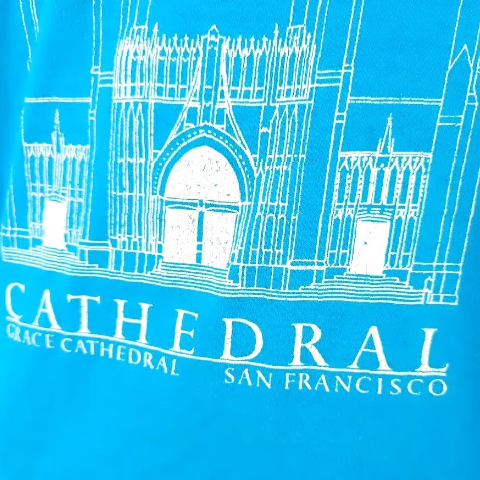 Vintage VINTAGE Grace Cathedral T Shirt Mens XS Blue 80s San Francisco Made In USA Christian 80s 90s Shirt Mens Blue Cotton Crew Neck Short Sleeve Oneita Size US XS / EU 42 / 0 - 4 Thumbnail
