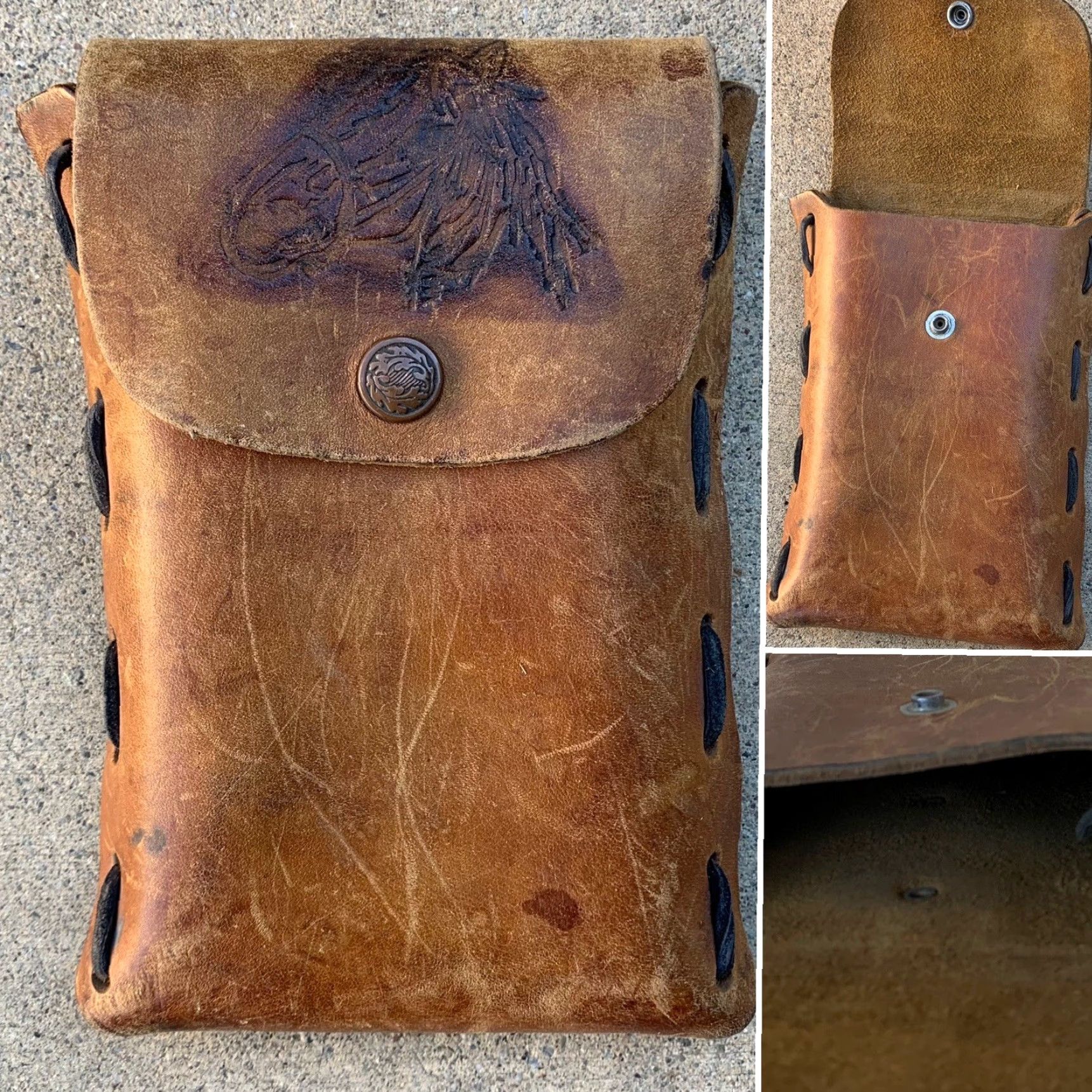 Vintage VINTAGE Tooled Leather Pouch Bag Western Laced Sides Horse Design Snap Closure Belt Bag Brown Unisex Adult Size ONE SIZE - 4 Thumbnail