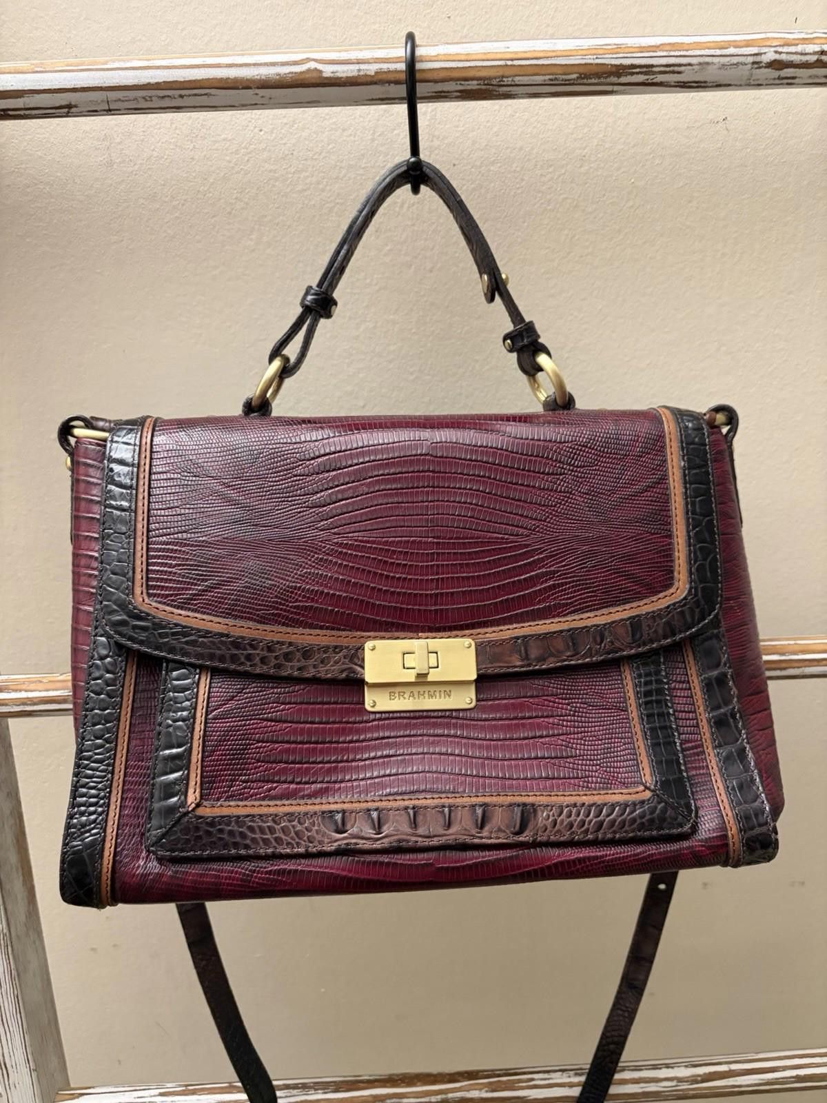 BRAHMIN Brahmin Red Leather Croc Print Buckle Flap Shoulder Handbag Size ONE SIZE - 1 Thumbnail