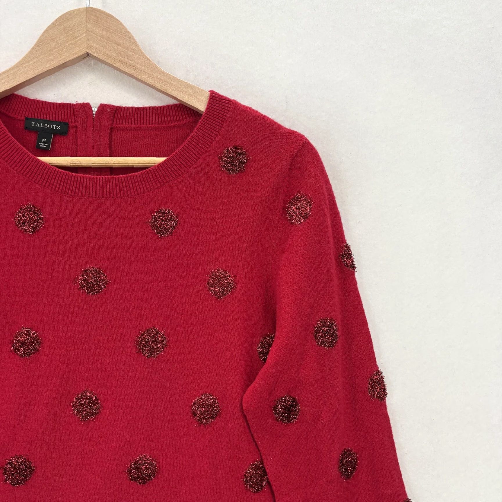 Talbots Talbots Womens Sweater Medium Red Polka Dot Metallic Knit Pullover Lambswool Size M / US 6-8 / IT 42-44 - 2 Thumbnail