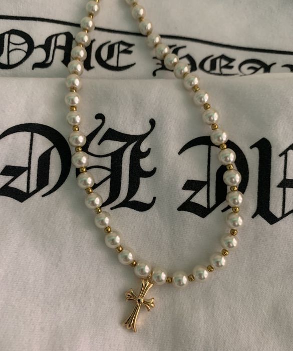 Vintage 18k gold plated cross chrome pearls necklace | Grailed