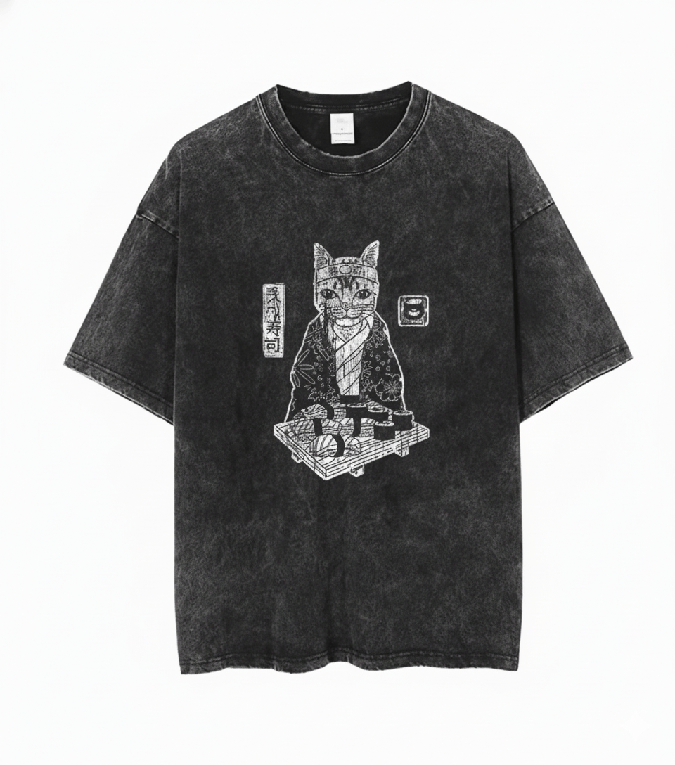 Japanese Brand Y2K Hip Hop Vintage Sushi Cat Chef Anime Washed T-Shirt Size US L / EU 52-54 / 3 - 1 Thumbnail
