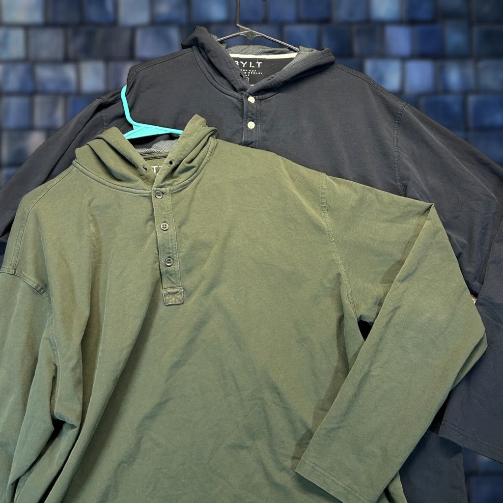 BYLT Hooded Henley Mens 2XL Drop Cut Lux Pullover Green Black No String Hooded Swing Rugby Sports Shirt