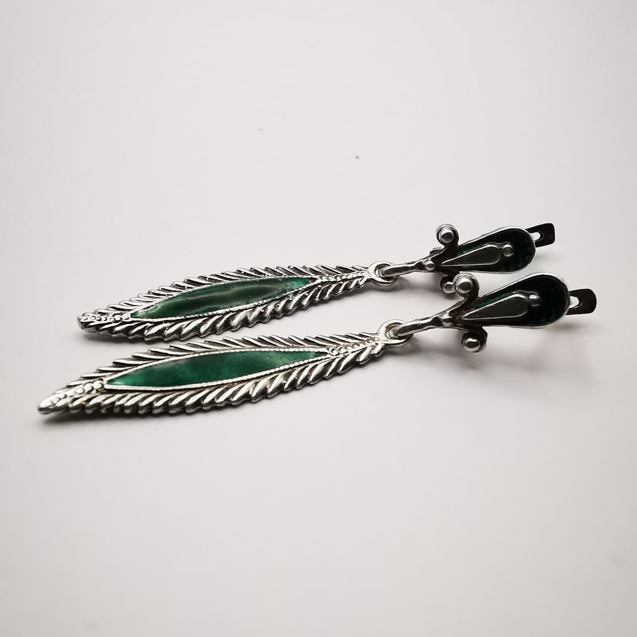 Vintage Vintage Earrings "Willow Leaves" 925 Sterling Silver, Enamel Size ONE SIZE - 2 Thumbnail