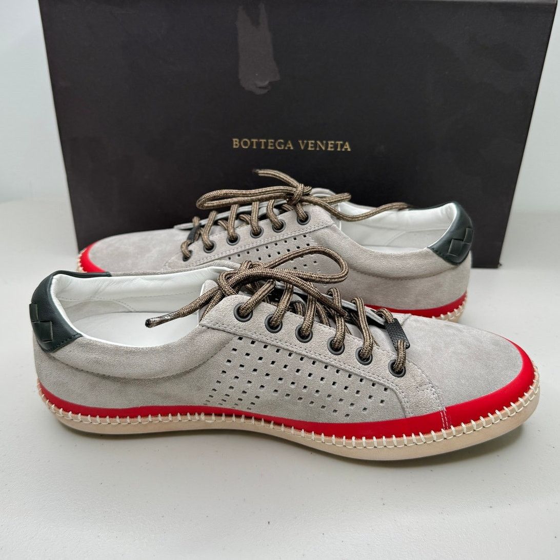 Bottega Veneta NEW Bottega Veneta Low Top Suede Sneakers, Gray/Black/Red Size US 6 / EU 39 - 8 Thumbnail
