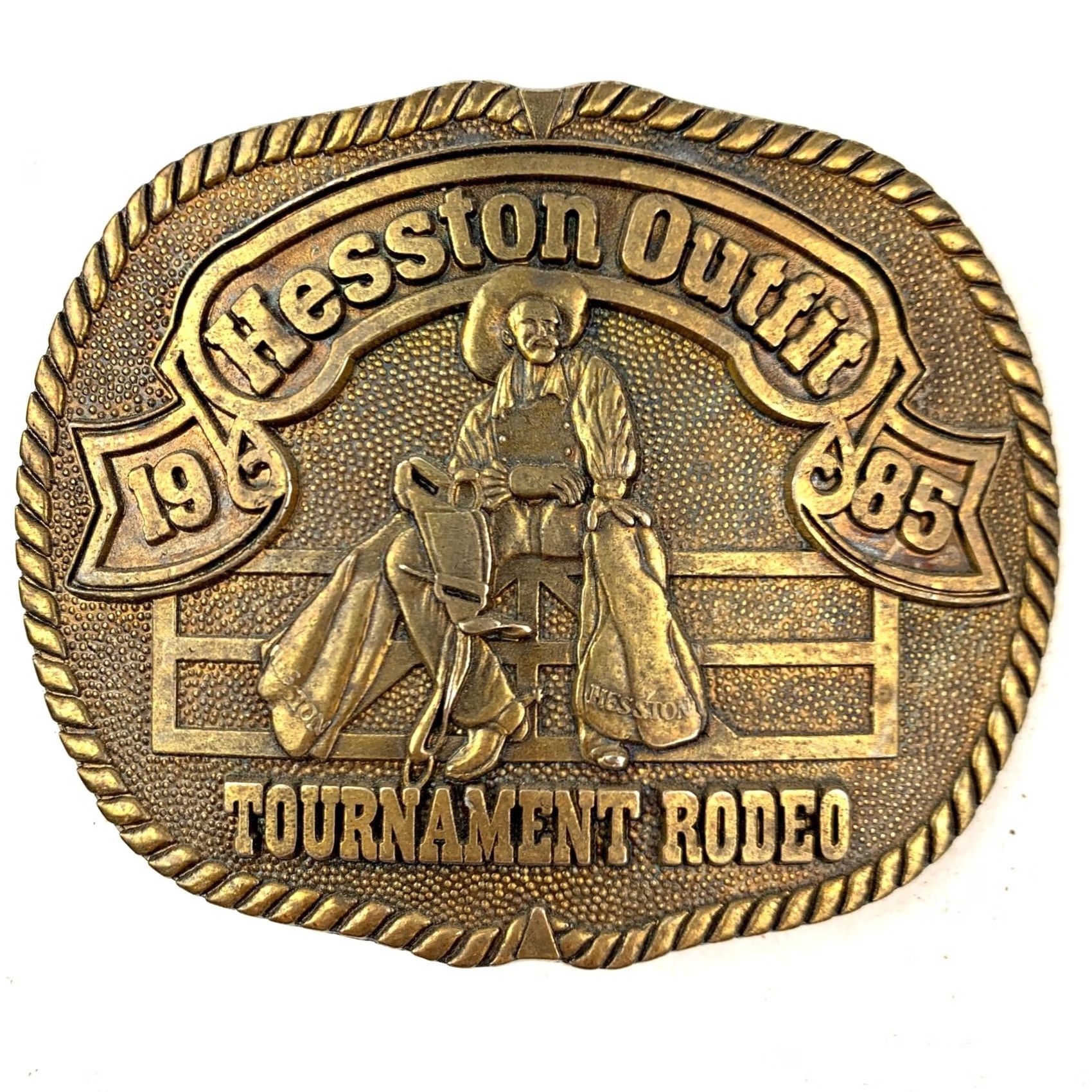 Vintage Hesston Outfit Tournament Rodeo Metal Belt Buckle 1985 Series #1 PRCA Men Western Buckle Metal Scuffing Condition Size ONE SIZE - 4 Thumbnail
